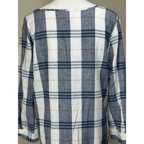 Liz Claiborne 3/4 Sleeve Tunic Blouse Top M Linen Cotton Blend Blue White Plaid - Picture 7 of 15